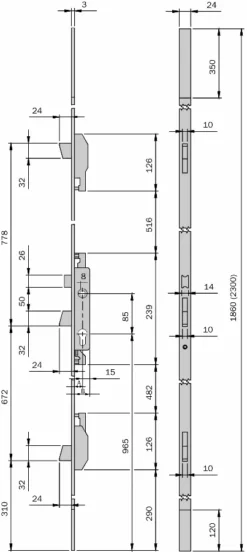Serrure 3 Points à Larder ISEO Electa Inox à Pêne Réversible - Têtiere Plate - 1860x24x6 - Axe 30 - 785111302